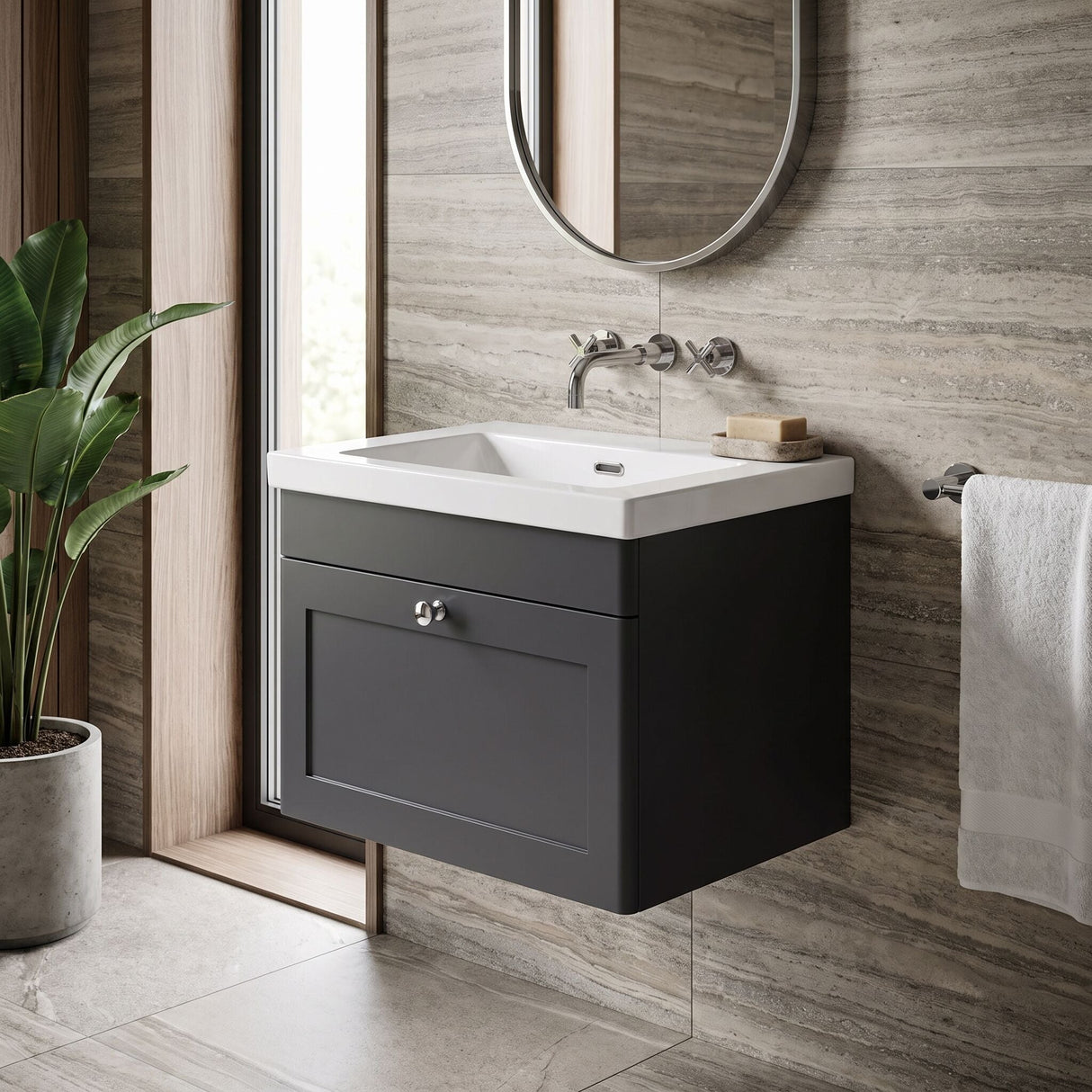 [BFCL1494K] Swynnerton Traditional 1 Drawer Wall Hung Vanity Basin Unit with 0 Tap Hole Modern Fireclay Basin, Choice of Size and Colour