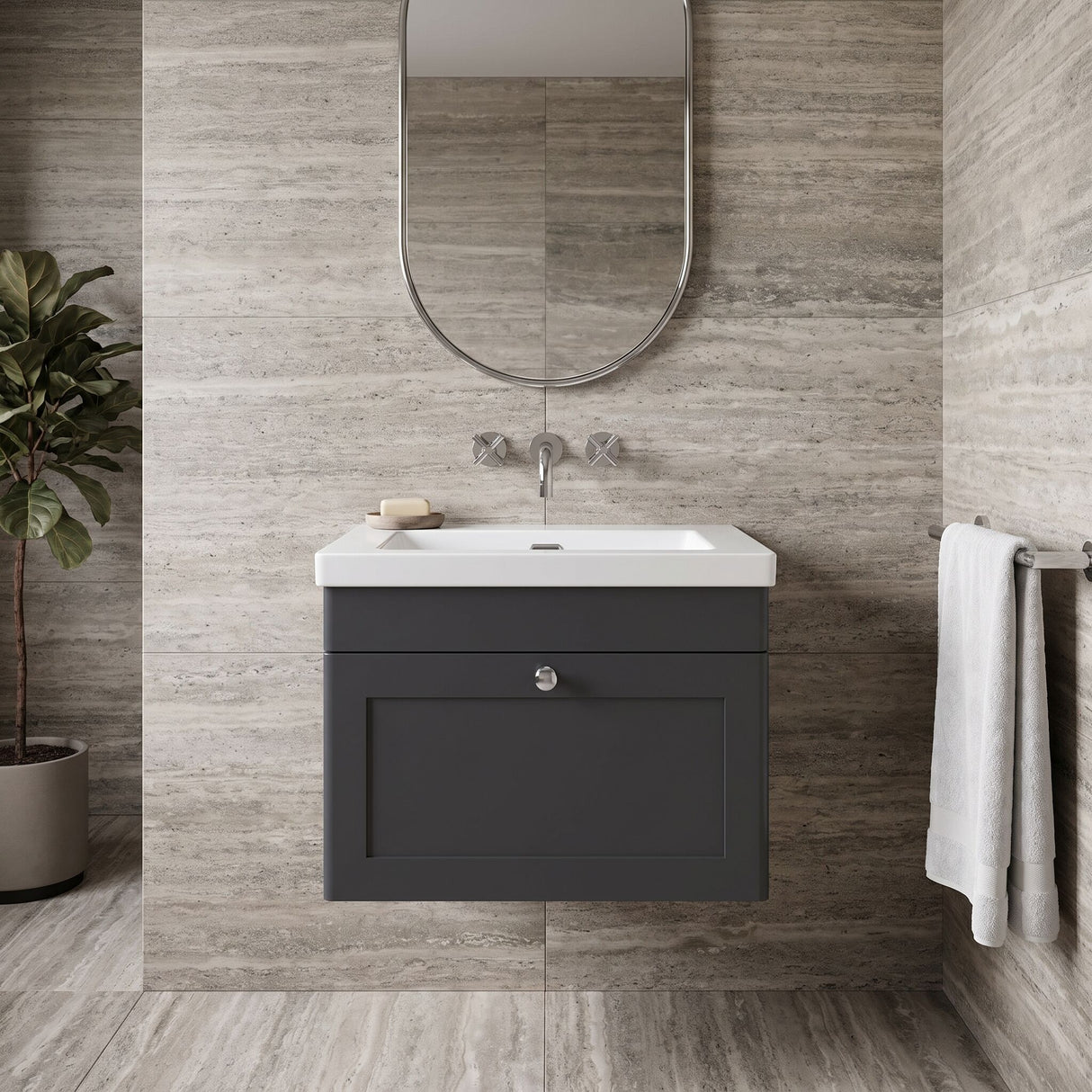 [BFCL1494K] Swynnerton Traditional 1 Drawer Wall Hung Vanity Basin Unit with 0 Tap Hole Modern Fireclay Basin, Choice of Size and Colour - Silo
