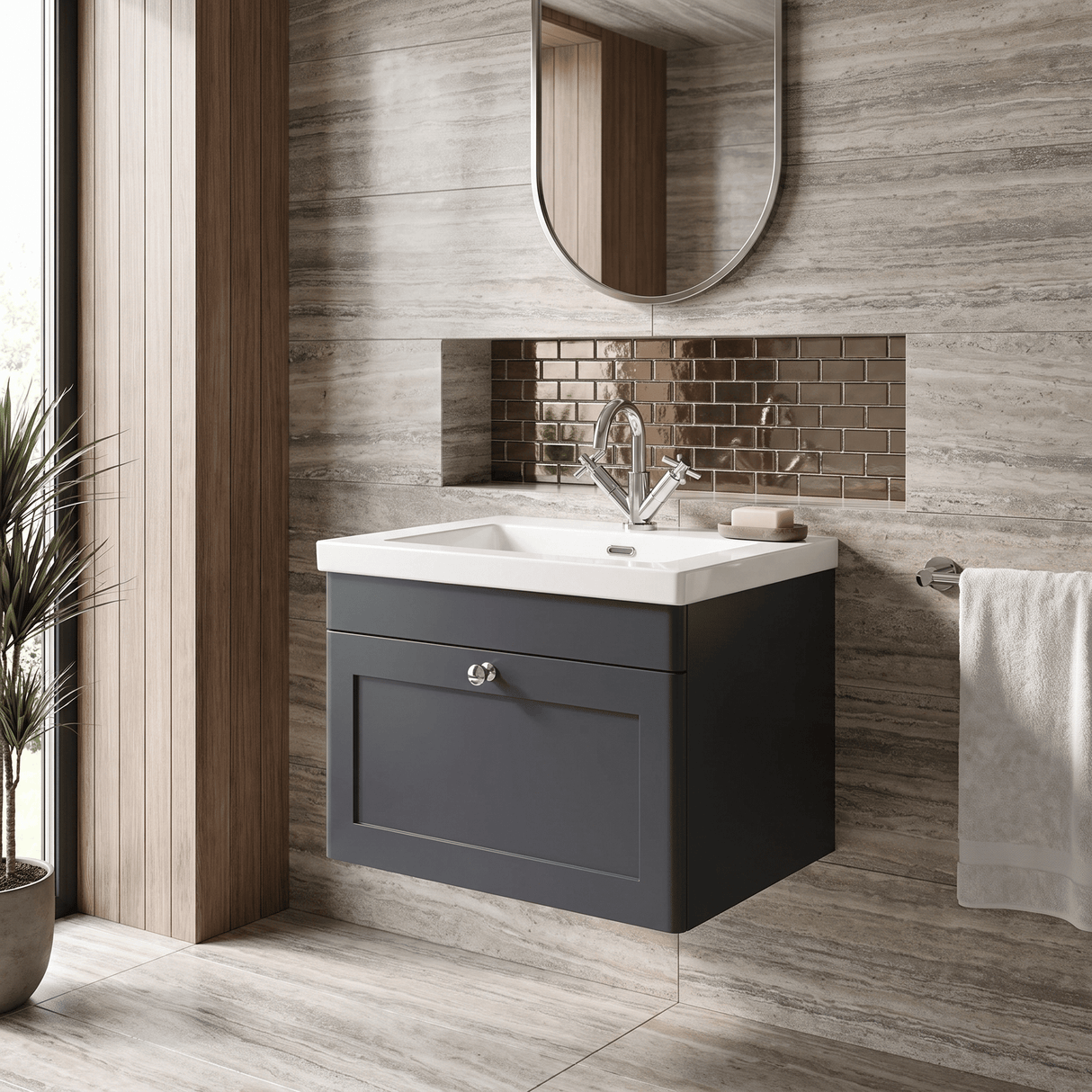 [BFCL1494L] Swynnerton Traditional 1 Drawer Wall Hung Vanity Basin Unit with 1 Tap Hole Modern Fireclay Basin, Choice of Size and Colour