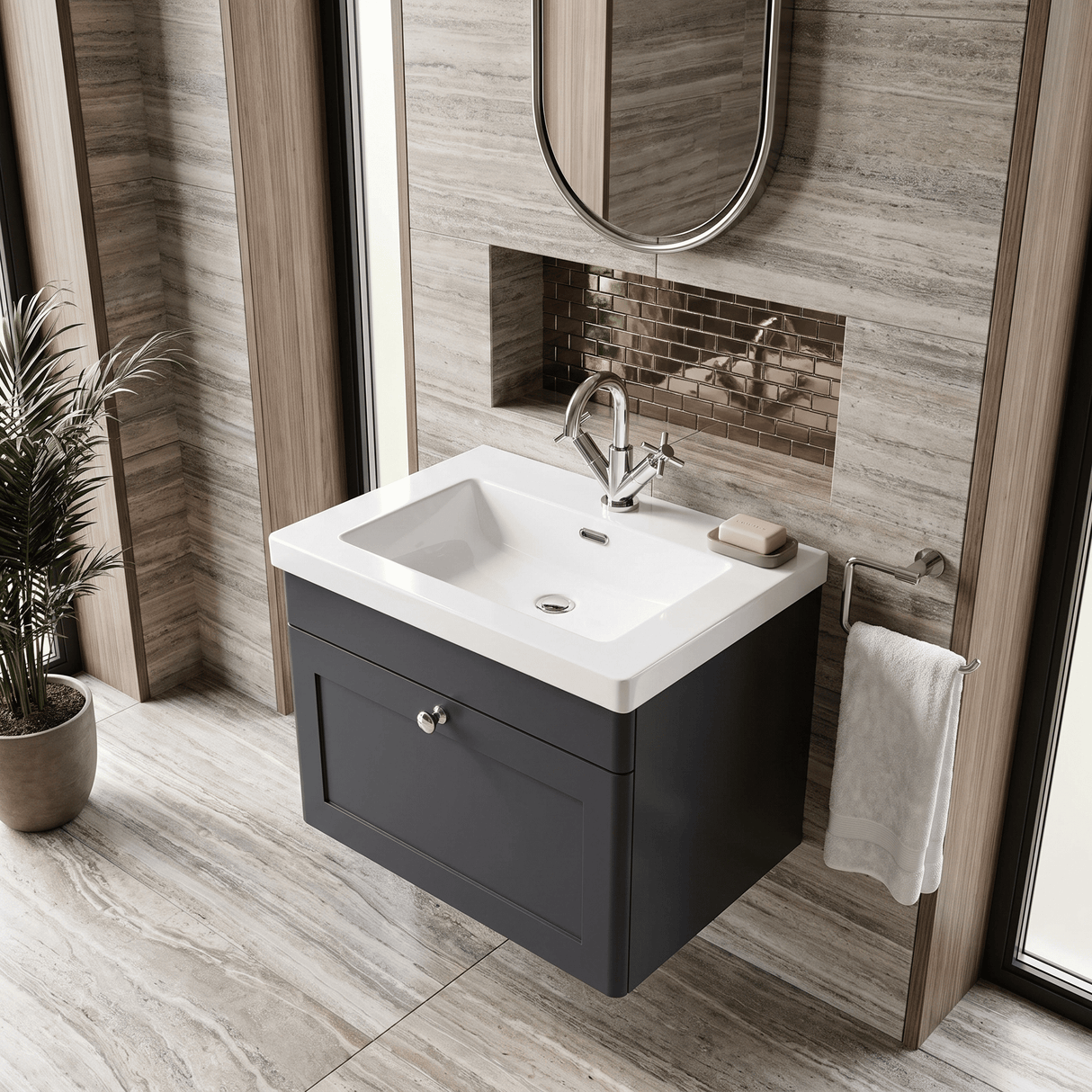 [BFCL1494L] Swynnerton Traditional 1 Drawer Wall Hung Vanity Basin Unit with 1 Tap Hole Modern Fireclay Basin, Choice of Size and Colour