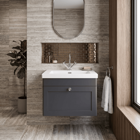 [BFCL1494L] Swynnerton Traditional 1 Drawer Wall Hung Vanity Basin Unit with 1 Tap Hole Modern Fireclay Basin, Choice of Size and Colour - Silo