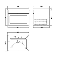 [BFCL1494M] Swynnerton Traditional 1 Drawer Wall Hung Vanity Basin Unit with 3 Tap Hole Modern Fireclay Basin, Choice of Size and Colour - Technical Drawing