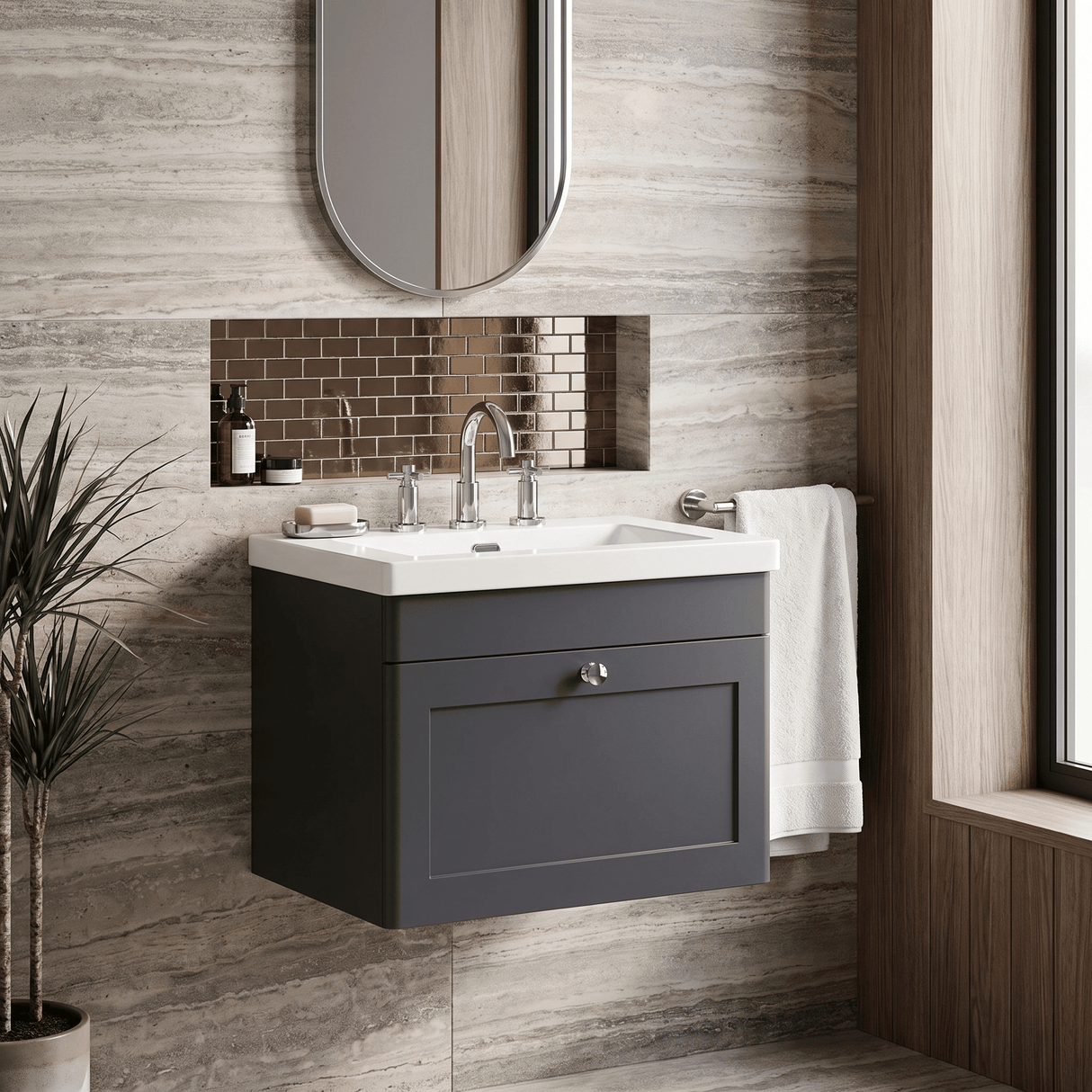 [BFCL1494M] Swynnerton Traditional 1 Drawer Wall Hung Vanity Basin Unit with 3 Tap Hole Modern Fireclay Basin, Choice of Size and Colour