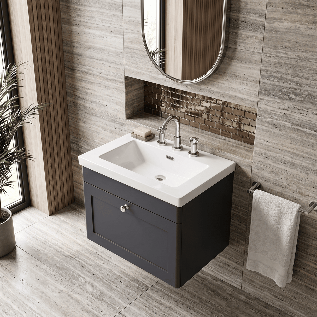 [BFCL1494M] Swynnerton Traditional 1 Drawer Wall Hung Vanity Basin Unit with 3 Tap Hole Modern Fireclay Basin, Choice of Size and Colour