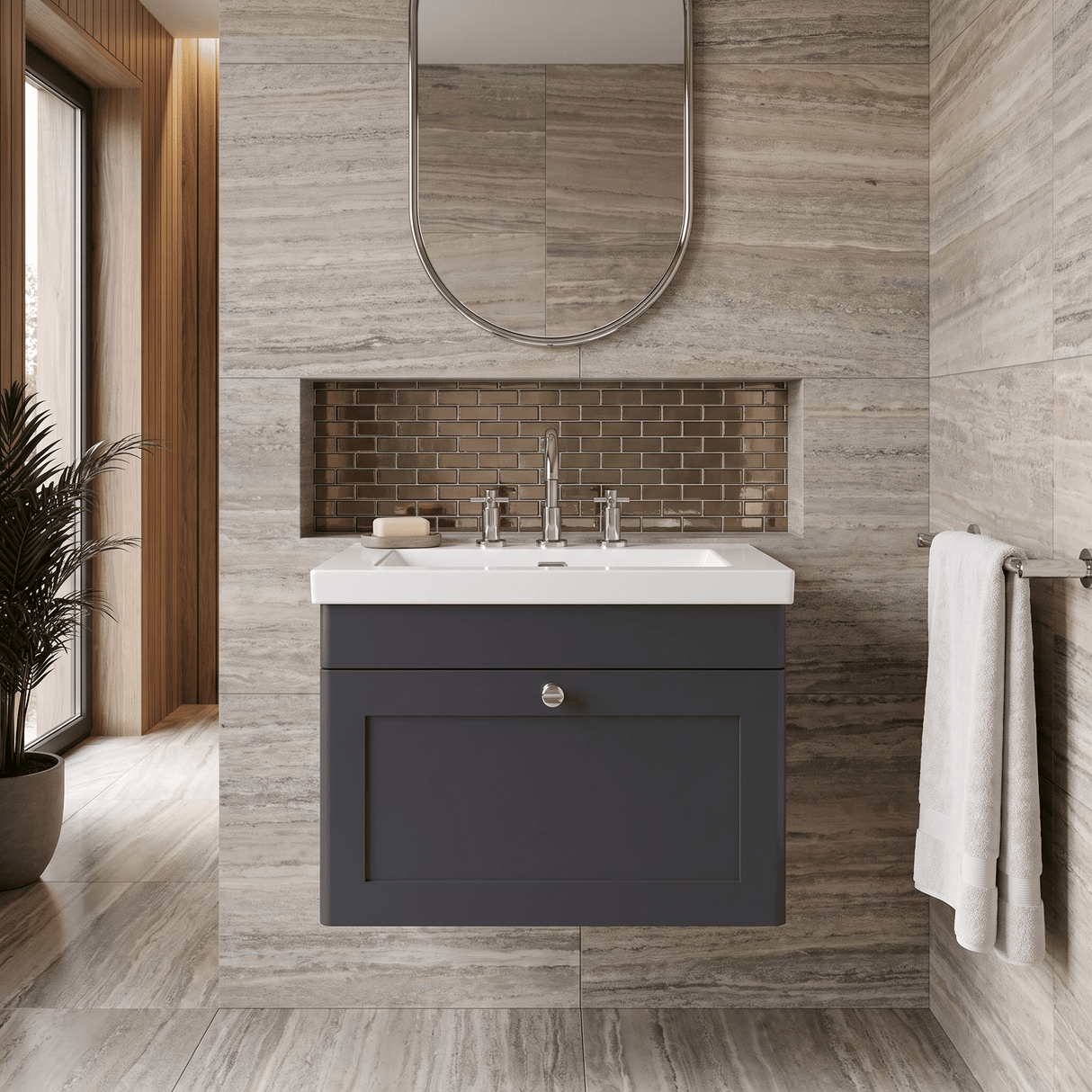 [BFCL1494M] Swynnerton Traditional 1 Drawer Wall Hung Vanity Basin Unit with 3 Tap Hole Modern Fireclay Basin, Choice of Size and Colour - Silo