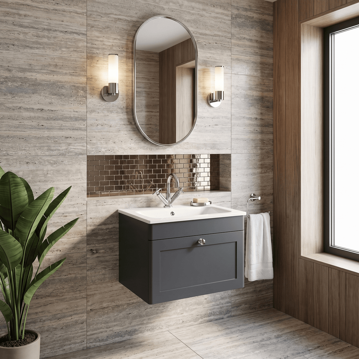 [BFCL1494P] Swynnerton Traditional 1 Drawer Wall Hung Vanity Basin Unit with 1 Tap Hole Stone Basin, Choice of Size and Colour