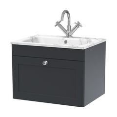 [BFCL1494Q] Swynnerton Traditional 1 Drawer Wall Hung Vanity Basin Unit with 1 Tap Hole Marble Effect Stone Basin, Choice of Size and Colour - Cutout