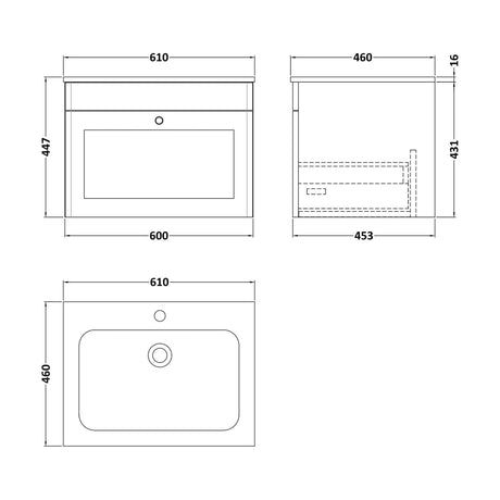 [BFCL1494Q] Swynnerton Traditional 1 Drawer Wall Hung Vanity Unit with Stone Basin, Dark Grey, 600mm - Technical Drawing