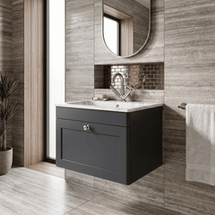 [BFCL1494Q] Swynnerton Traditional 1 Drawer Wall Hung Vanity Basin Unit with 1 Tap Hole Marble Effect Stone Basin, Choice of Size and Colour