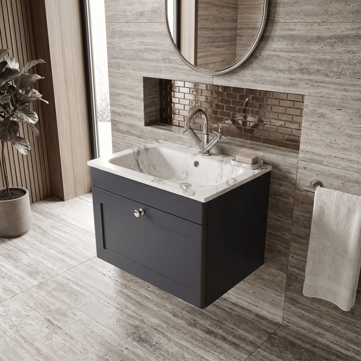 [BFCL1494Q] Swynnerton Traditional 1 Drawer Wall Hung Vanity Basin Unit with 1 Tap Hole Marble Effect Stone Basin, Choice of Size and Colour