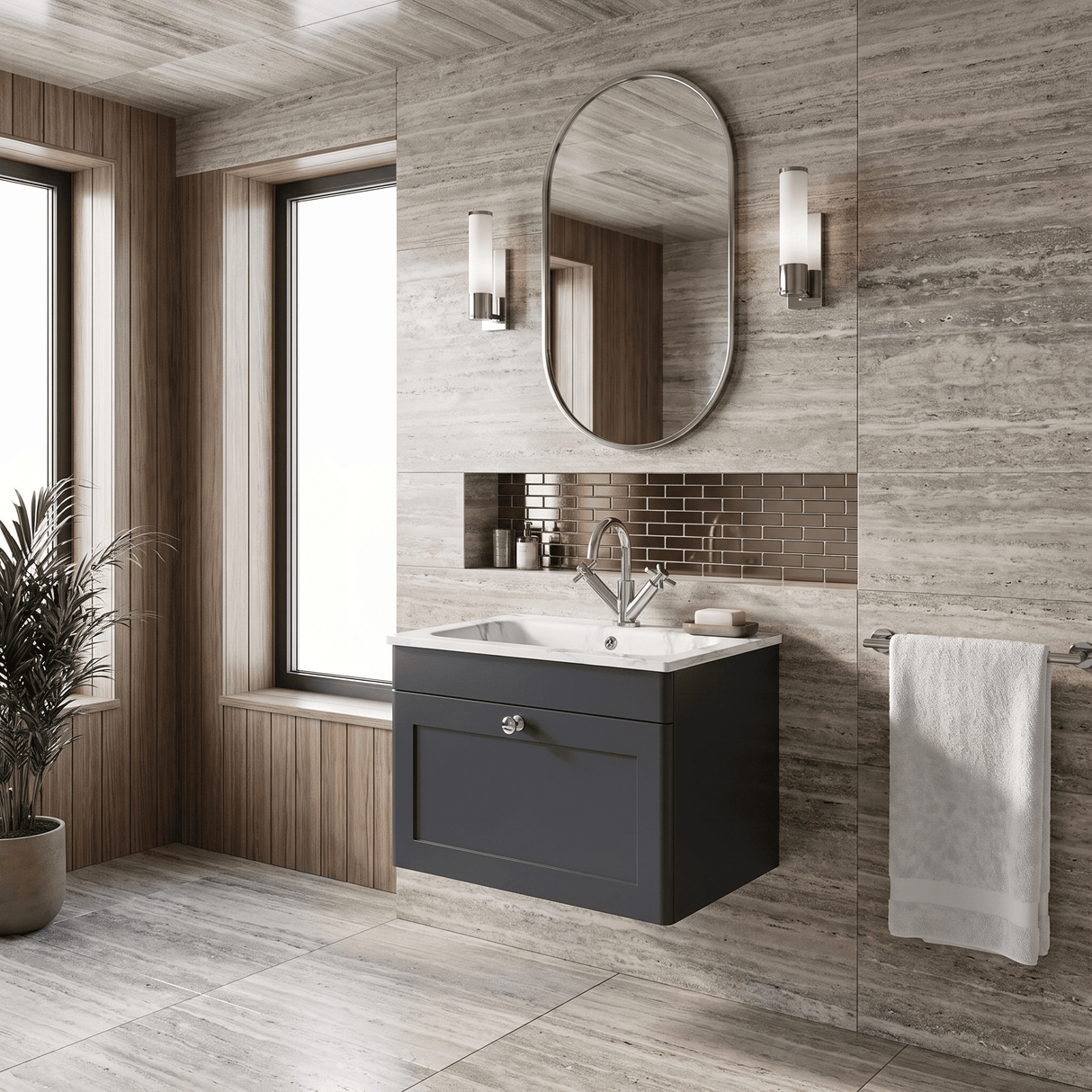 [BFCL1494Q] Swynnerton Traditional 1 Drawer Wall Hung Vanity Basin Unit with 1 Tap Hole Marble Effect Stone Basin, Choice of Size and Colour