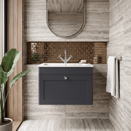 [BFCL1494Q] Swynnerton Traditional 1 Drawer Wall Hung Vanity Basin Unit with 1 Tap Hole Marble Effect Stone Basin, Choice of Size and Colour - Silo