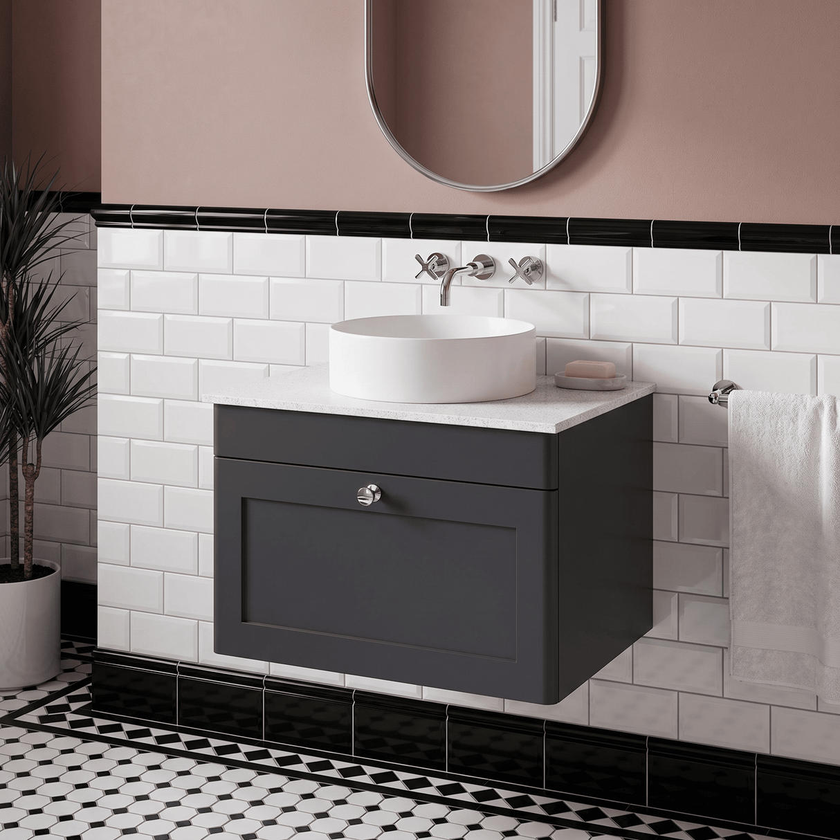 [BFCL1494WMT] Swynnerton Traditional 1 Drawer Wall Hung Vanity Unit with White Marble Worktop, Choice of Size and Colour