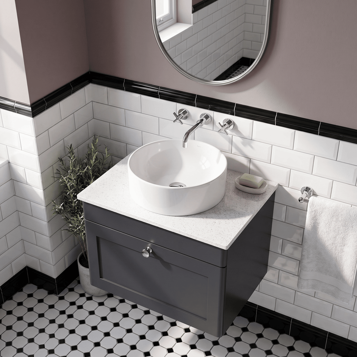 [BFCL1494WMT] Swynnerton Traditional 1 Drawer Wall Hung Vanity Unit with White Marble Worktop, Choice of Size and Colour