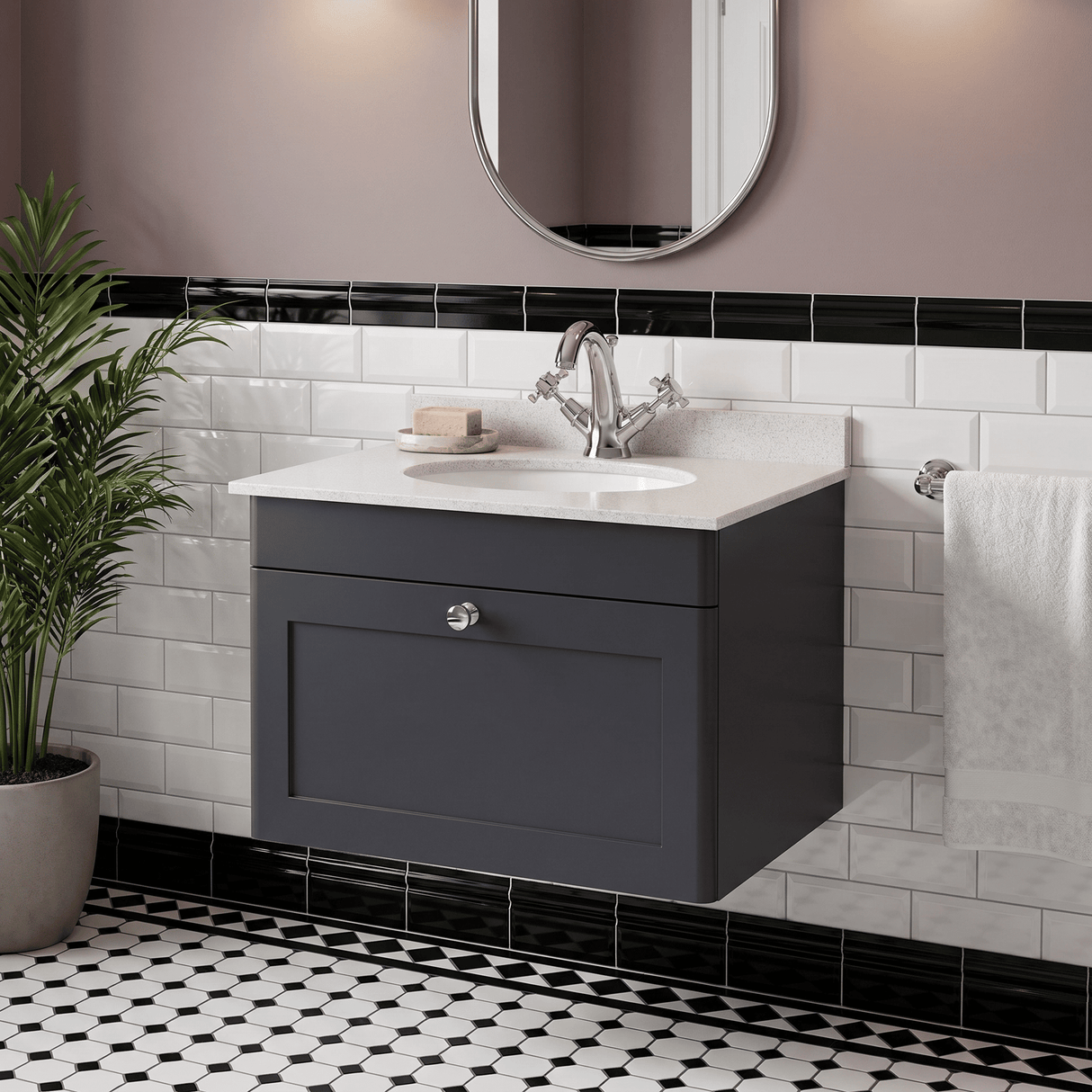 [BFCL1494WR1] Swynnerton Traditional 1 Drawer Wall Hung Vanity Basin Unit with 1 Tap Hole White Marble Worktop and Basin, Choice of Size and Colour
