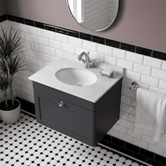 [BFCL1494WR1] Swynnerton Traditional 1 Drawer Wall Hung Vanity Basin Unit with 1 Tap Hole White Marble Worktop and Basin, Choice of Size and Colour