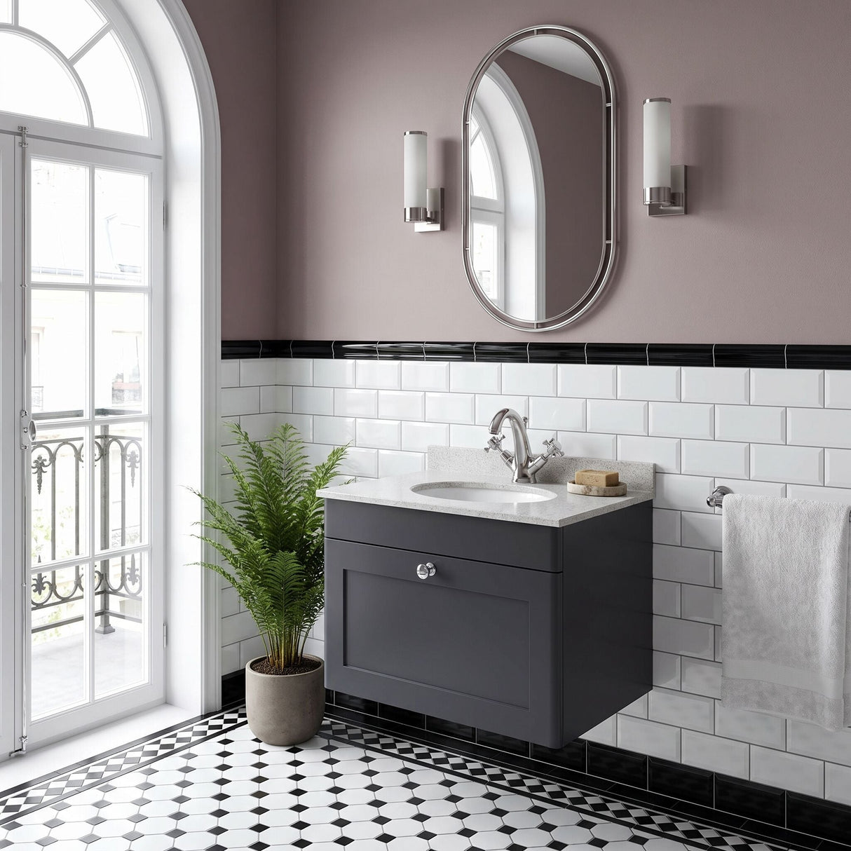 [BFCL1494WR1] Swynnerton Traditional 1 Drawer Wall Hung Vanity Basin Unit with 1 Tap Hole White Marble Worktop and Basin, Choice of Size and Colour