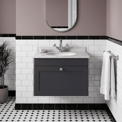 [BFCL1494WR1] Swynnerton Traditional 1 Drawer Wall Hung Vanity Basin Unit with 1 Tap Hole White Marble Worktop and Basin, Choice of Size and Colour - Silo