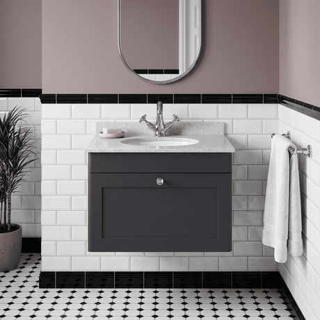 [BFCL1494WR1] Swynnerton Traditional 1 Drawer Wall Hung Vanity Basin Unit with 1 Tap Hole White Marble Worktop and Basin, Choice of Size and Colour - Silo