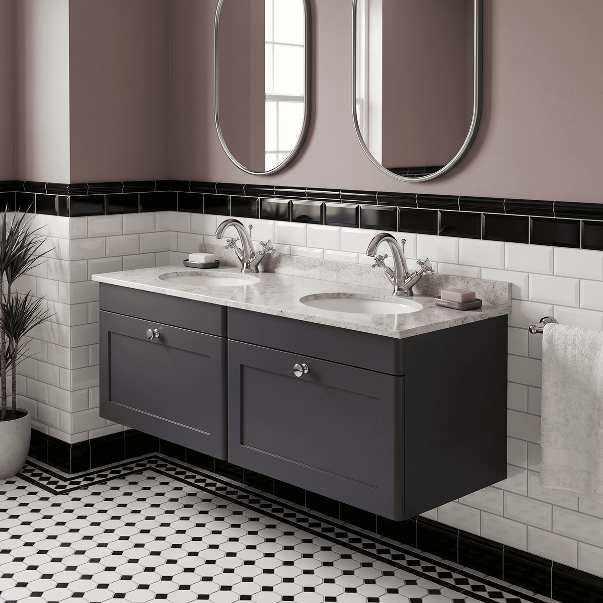 [BFCL1494WR2] Swynnerton Traditional 2 Drawer Wall Hung Vanity Basin Unit with Double 1 Tap Hole White Marble Worktop and Basin, 1200mm, Choice of Colour