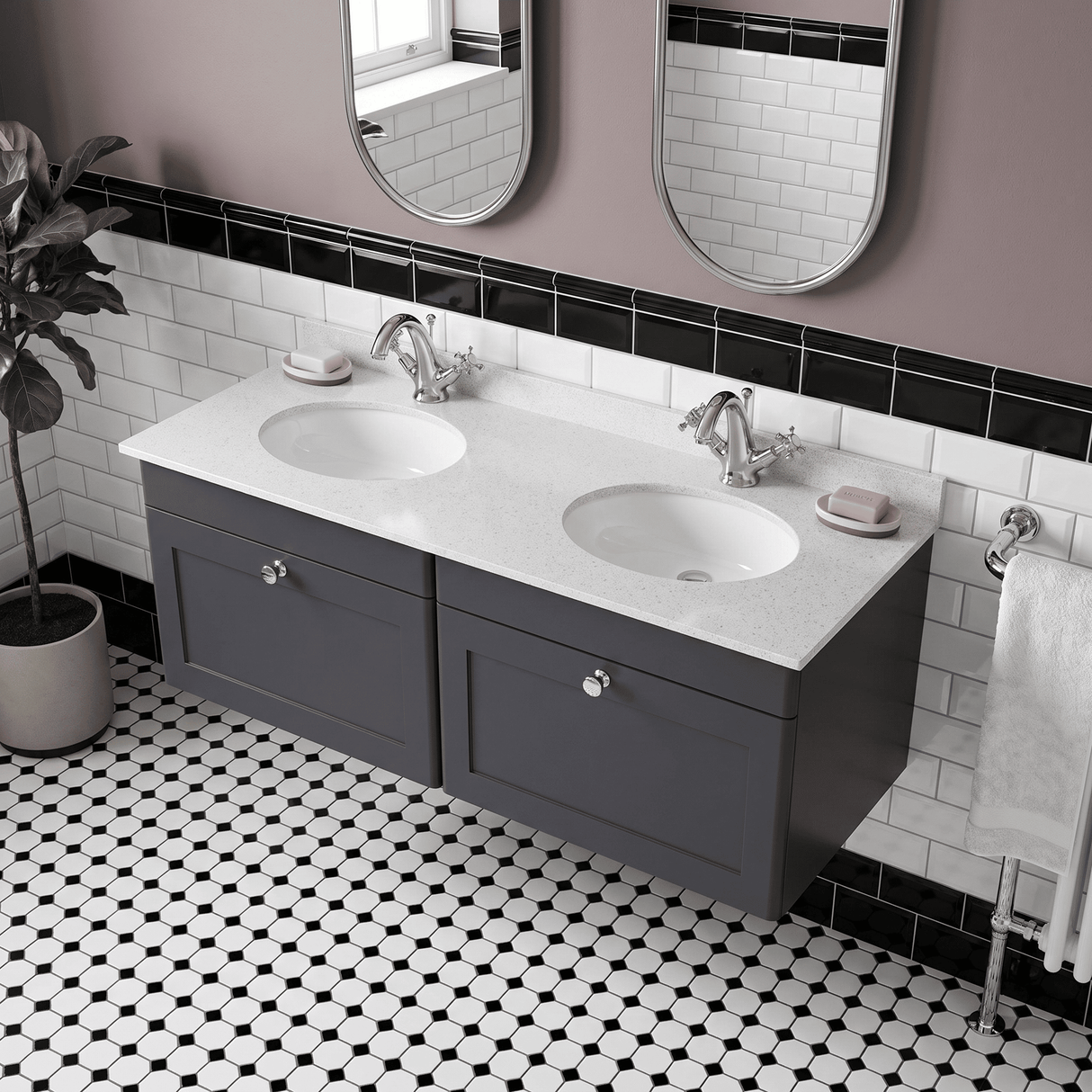 [BFCL1494WR2] Swynnerton Traditional 2 Drawer Wall Hung Vanity Basin Unit with Double 1 Tap Hole White Marble Worktop and Basin, 1200mm, Choice of Colour