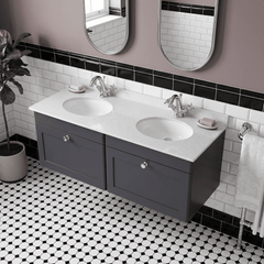 [BFCL1494WR2] Swynnerton Traditional 2 Drawer Wall Hung Vanity Basin Unit with Double 1 Tap Hole White Marble Worktop and Basin, 1200mm, Choice of Colour