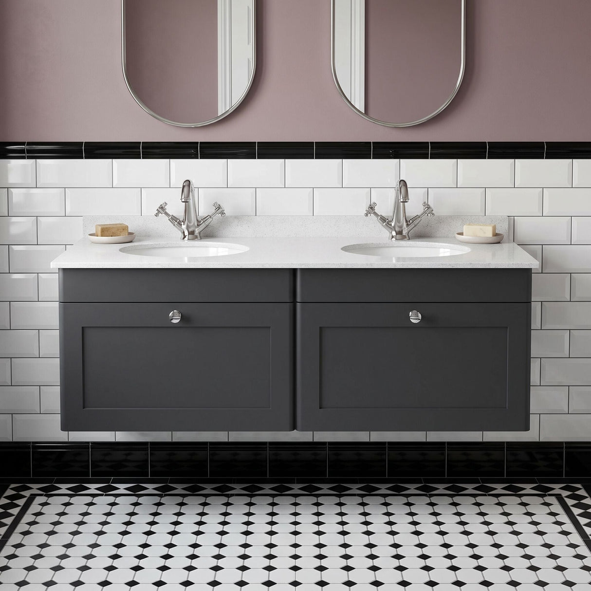 [BFCL1494WR2] Swynnerton Traditional 2 Drawer Wall Hung Vanity Basin Unit with Double 1 Tap Hole White Marble Worktop and Basin, 1200mm, Choice of Colour - Silo
