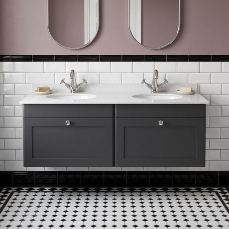 [BFCL1494WR2] Swynnerton Traditional 2 Drawer Wall Hung Vanity Basin Unit with Double 1 Tap Hole White Marble Worktop and Basin, 1200mm, Choice of Colour - Silo