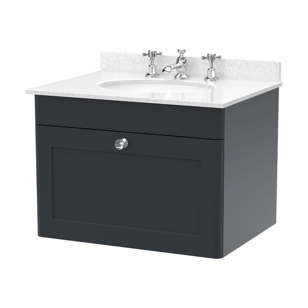 [BFCL1494WR3] Swynnerton Traditional 1 Drawer Wall Hung Vanity Basin Unit with 3 Tap Hole White Marble Worktop and Basin, Choice of Size and Colour - Cutout
