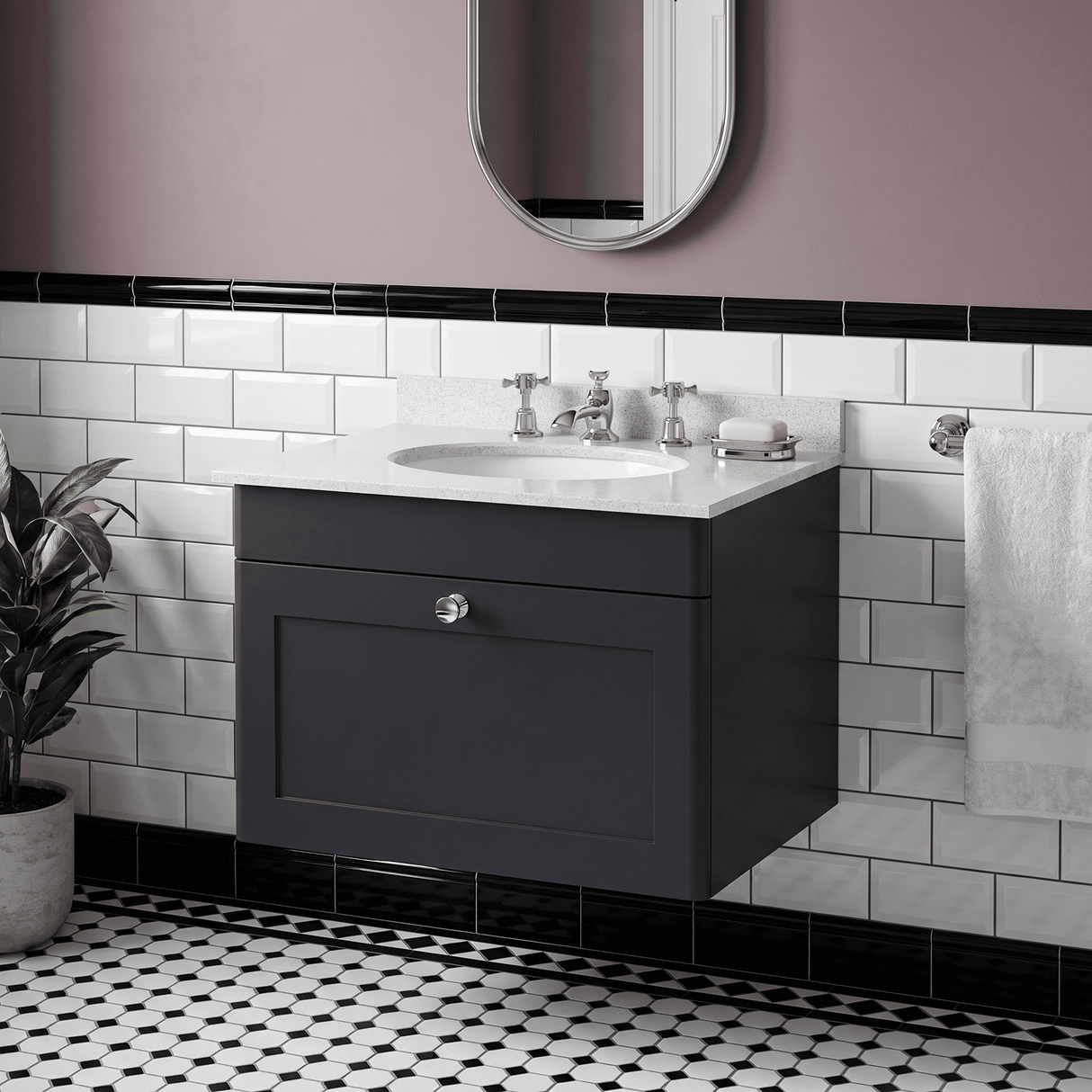 [BFCL1494WR3] Swynnerton Traditional 1 Drawer Wall Hung Vanity Basin Unit with 3 Tap Hole White Marble Worktop and Basin, Choice of Size and Colour