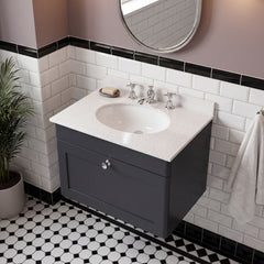 [BFCL1494WR3] Swynnerton Traditional 1 Drawer Wall Hung Vanity Basin Unit with 3 Tap Hole White Marble Worktop and Basin, Choice of Size and Colour