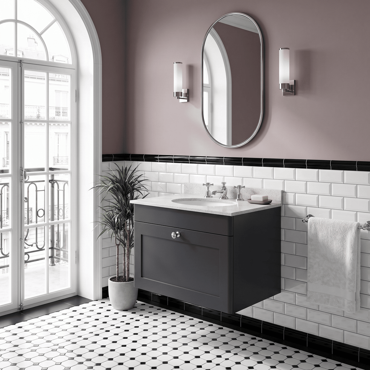 [BFCL1494WR3] Swynnerton Traditional 1 Drawer Wall Hung Vanity Basin Unit with 3 Tap Hole White Marble Worktop and Basin, Choice of Size and Colour