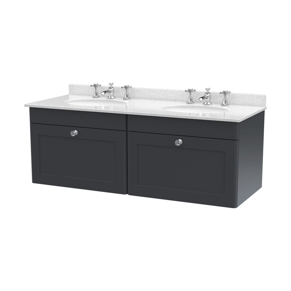 [BFCL1494WR6] Swynnerton Traditional 2 Drawer Wall Hung Vanity Basin Unit with Double 3 Tap Hole White Marble Worktop and Basin, 1200mm, Choice of Colour - Cutout