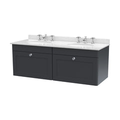 [BFCL1494WR6] Swynnerton Traditional 2 Drawer Wall Hung Vanity Basin Unit with Double 3 Tap Hole White Marble Worktop and Basin, 1200mm, Choice of Colour - Cutout