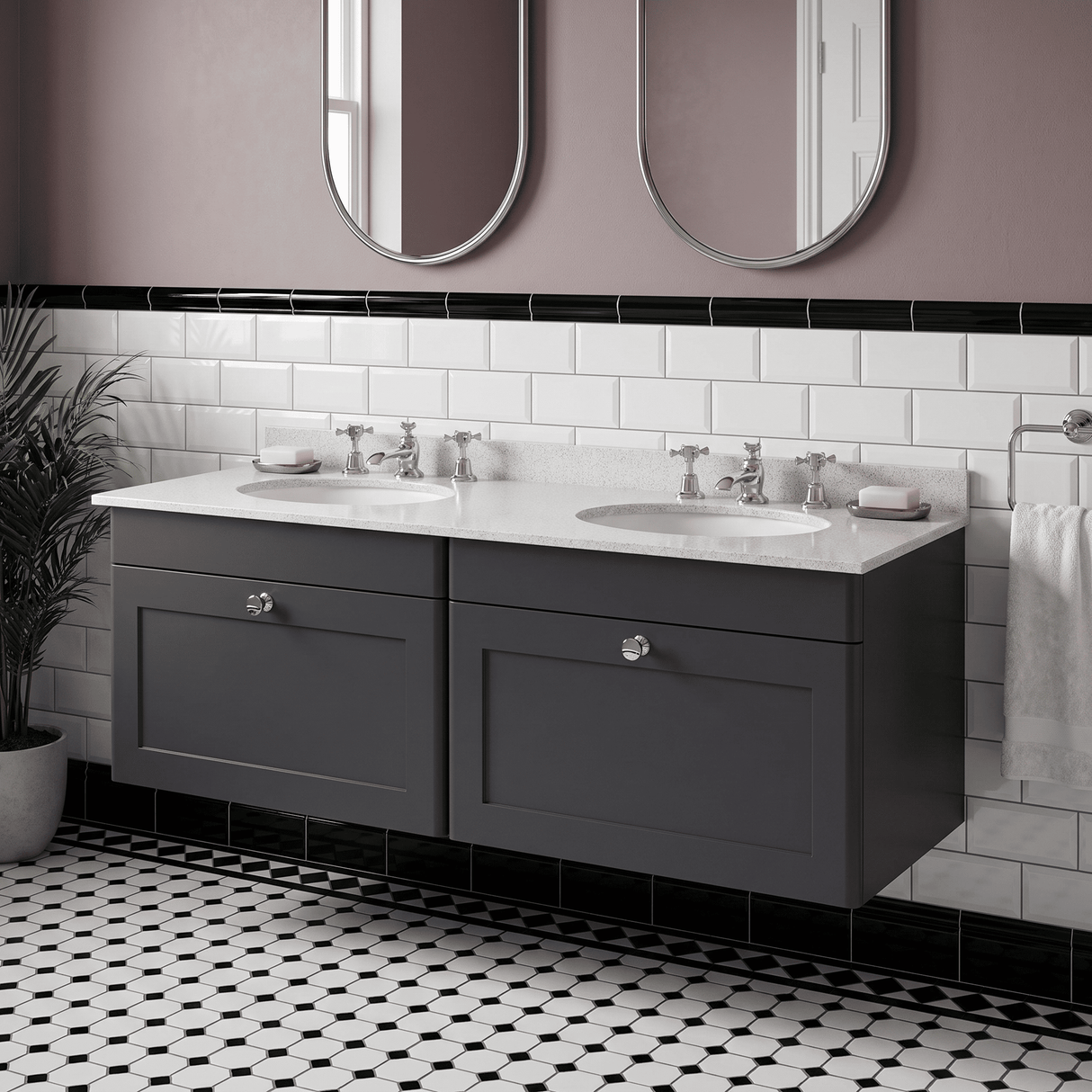 [BFCL1494WR6] Swynnerton Traditional 2 Drawer Wall Hung Vanity Basin Unit with Double 3 Tap Hole White Marble Worktop and Basin, 1200mm, Choice of Colour
