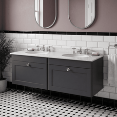 [BFCL1494WR6] Swynnerton Traditional 2 Drawer Wall Hung Vanity Basin Unit with Double 3 Tap Hole White Marble Worktop and Basin, 1200mm, Choice of Colour