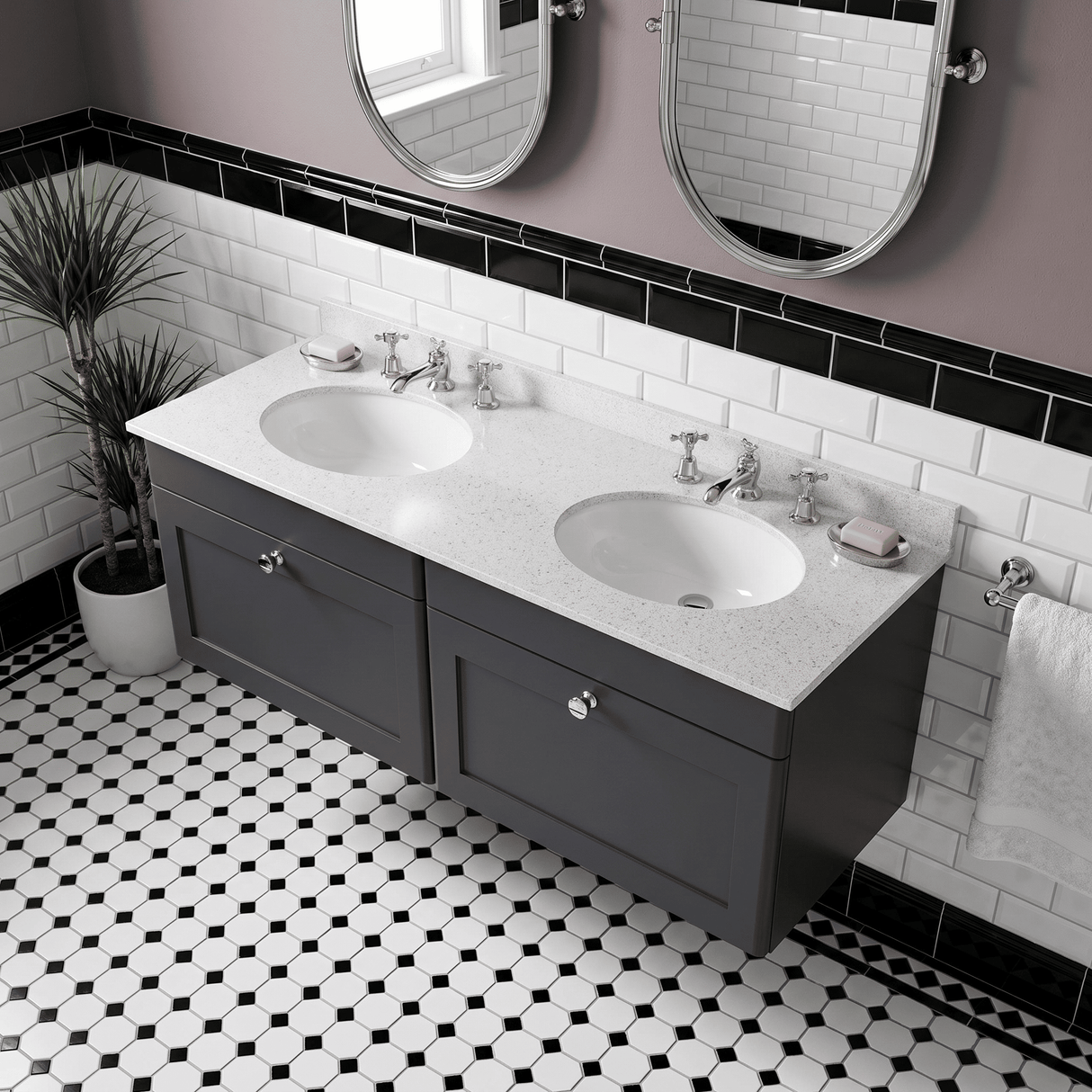[BFCL1494WR6] Swynnerton Traditional 2 Drawer Wall Hung Vanity Basin Unit with Double 3 Tap Hole White Marble Worktop and Basin, 1200mm, Choice of Colour
