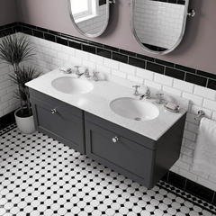 [BFCL1494WR6] Swynnerton Traditional 2 Drawer Wall Hung Vanity Basin Unit with Double 3 Tap Hole White Marble Worktop and Basin, 1200mm, Choice of Colour