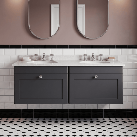 [BFCL1494WR6] Swynnerton Traditional 2 Drawer Wall Hung Vanity Basin Unit with Double 3 Tap Hole White Marble Worktop and Basin, 1200mm, Choice of Colour - Silo