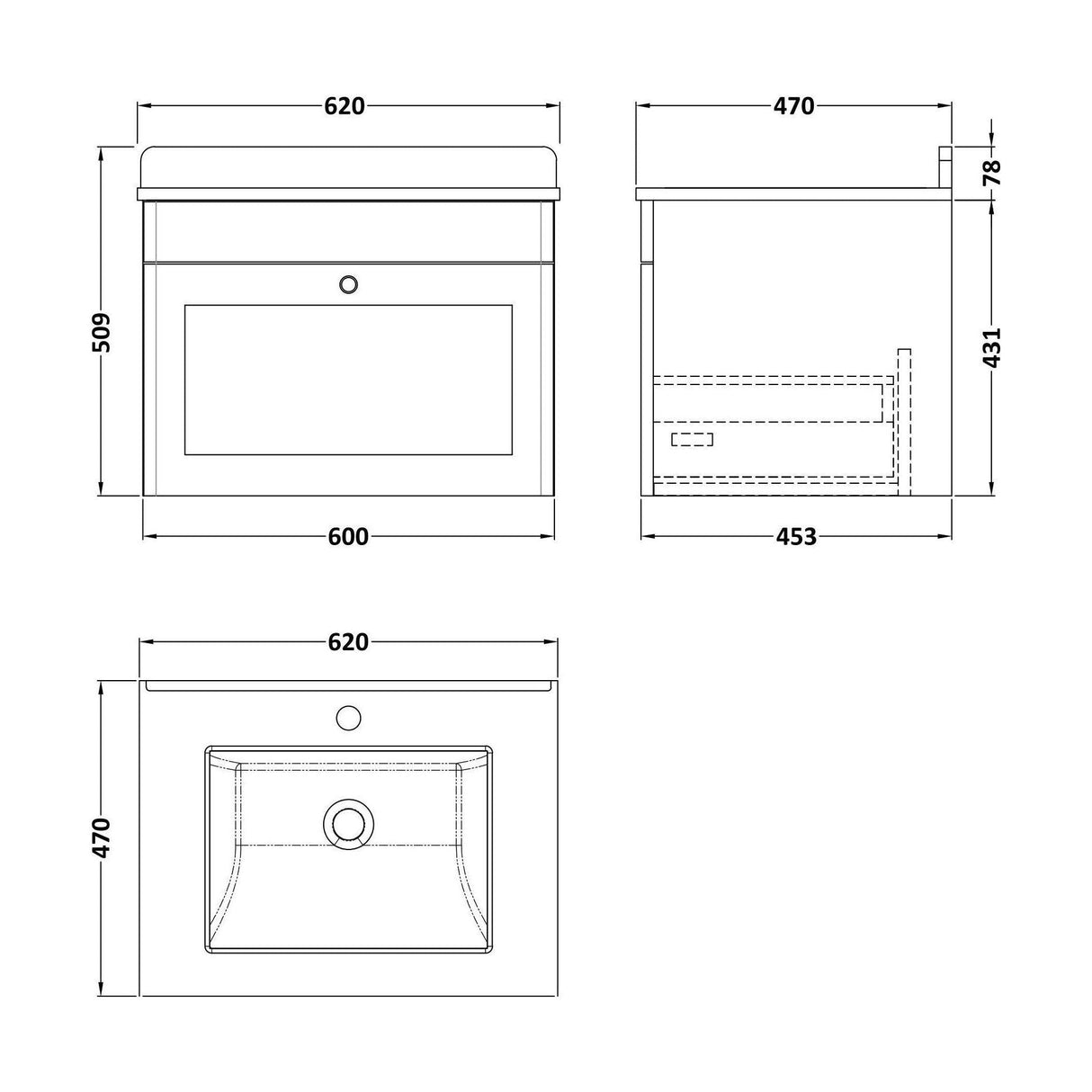 [BFCL1494WS1] Swynnerton Traditional 1 Drawer Wall Hung Vanity Basin Unit with 1 Tap Hole White Marble Worktop and Square Basin, Choice of Size and Colour - Technical Drawing