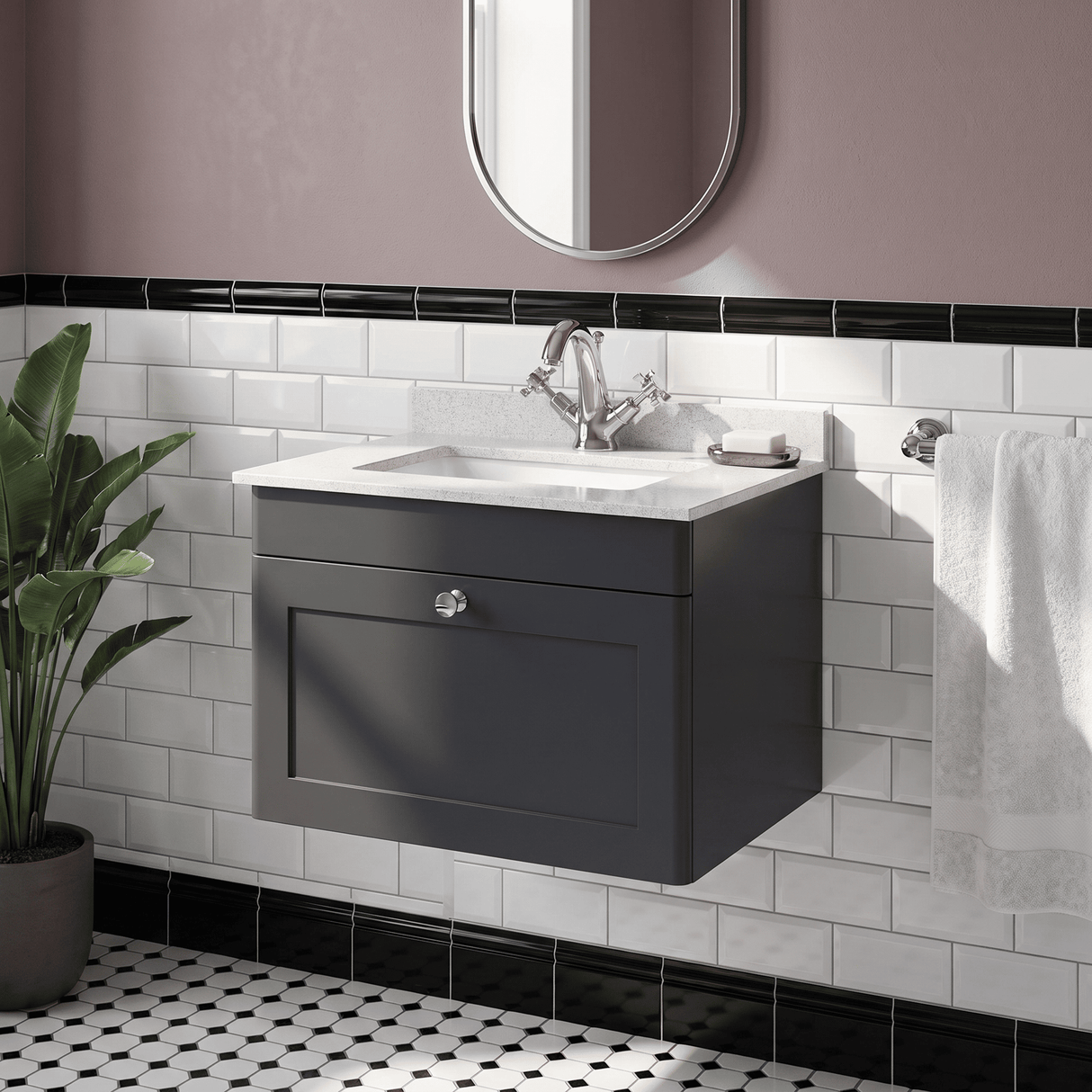[BFCL1494WS1] Swynnerton Traditional 1 Drawer Wall Hung Vanity Basin Unit with 1 Tap Hole White Marble Worktop and Square Basin, Choice of Size and Colour