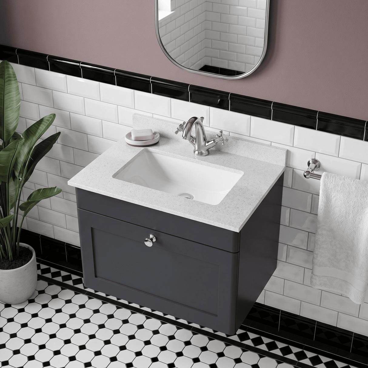 [BFCL1494WS1] Swynnerton Traditional 1 Drawer Wall Hung Vanity Basin Unit with 1 Tap Hole White Marble Worktop and Square Basin, Choice of Size and Colour