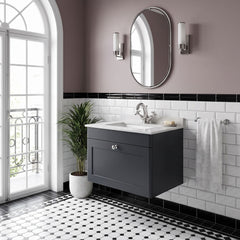 [BFCL1494WS1] Swynnerton Traditional 1 Drawer Wall Hung Vanity Basin Unit with 1 Tap Hole White Marble Worktop and Square Basin, Choice of Size and Colour