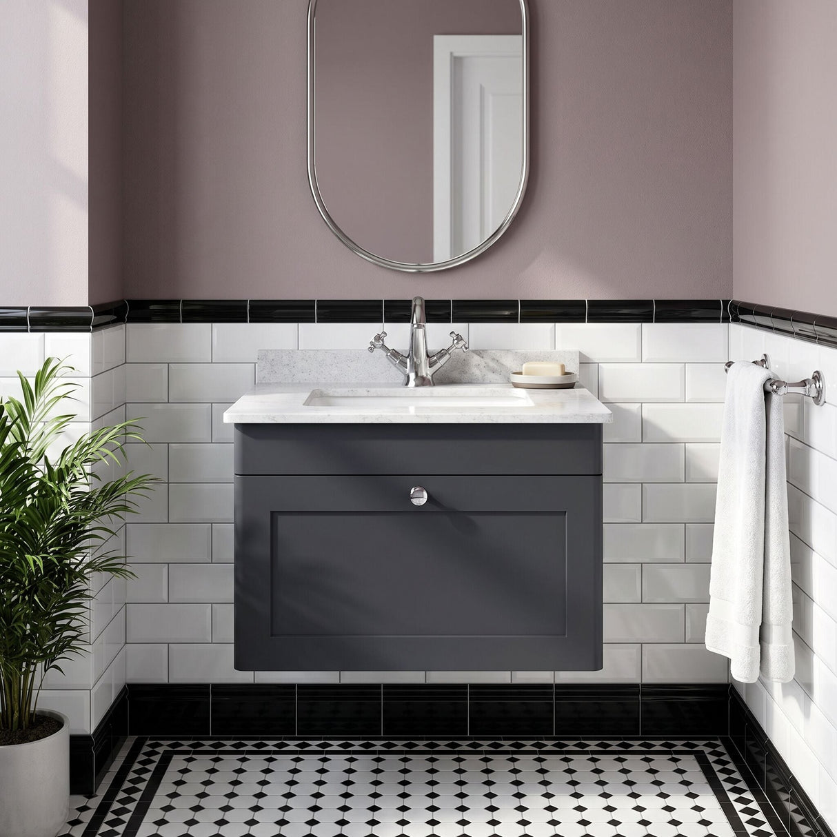 [BFCL1494WS1] Swynnerton Traditional 1 Drawer Wall Hung Vanity Basin Unit with 1 Tap Hole White Marble Worktop and Square Basin, Choice of Size and Colour - Silo