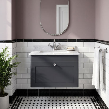 [BFCL1494WS1] Swynnerton Traditional 1 Drawer Wall Hung Vanity Basin Unit with 1 Tap Hole White Marble Worktop and Square Basin, Choice of Size and Colour - Silo