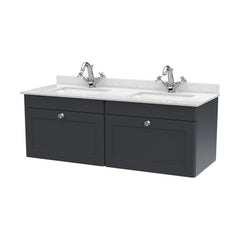 [BFCL1494WS2] Swynnerton Traditional 2 Drawer Wall Hung Vanity Basin Unit with Double 1 Tap Hole White Marble Worktop and Square Basin, 1200mm, Choice of Colour - Cutout
