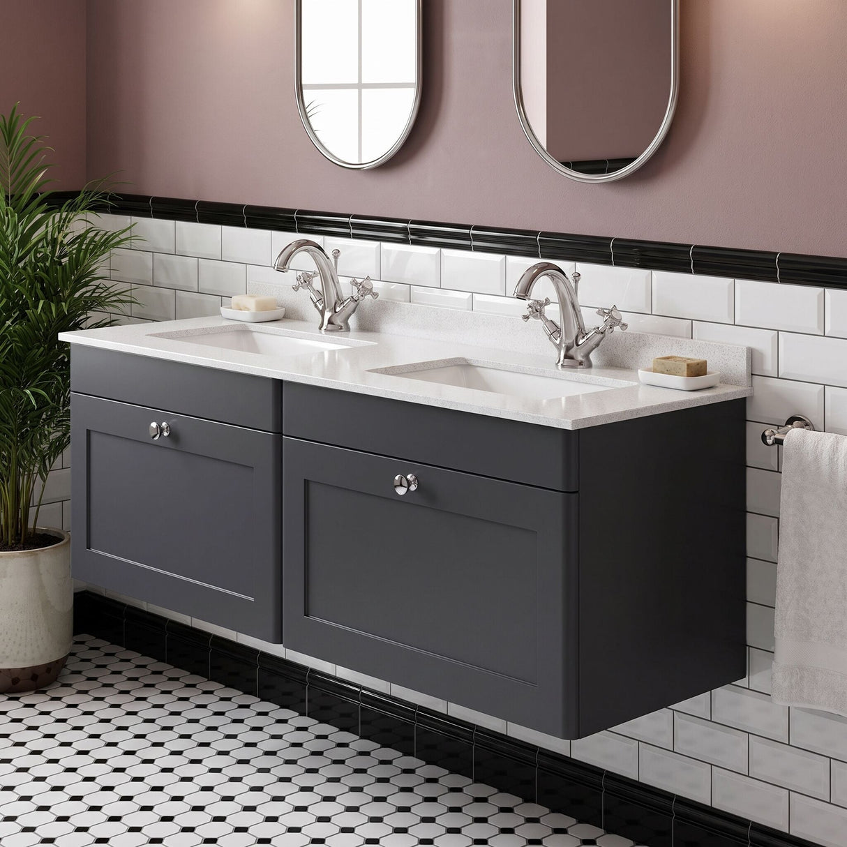 [BFCL1494WS2] Swynnerton Traditional 2 Drawer Wall Hung Vanity Basin Unit with Double 1 Tap Hole White Marble Worktop and Square Basin, 1200mm, Choice of Colour