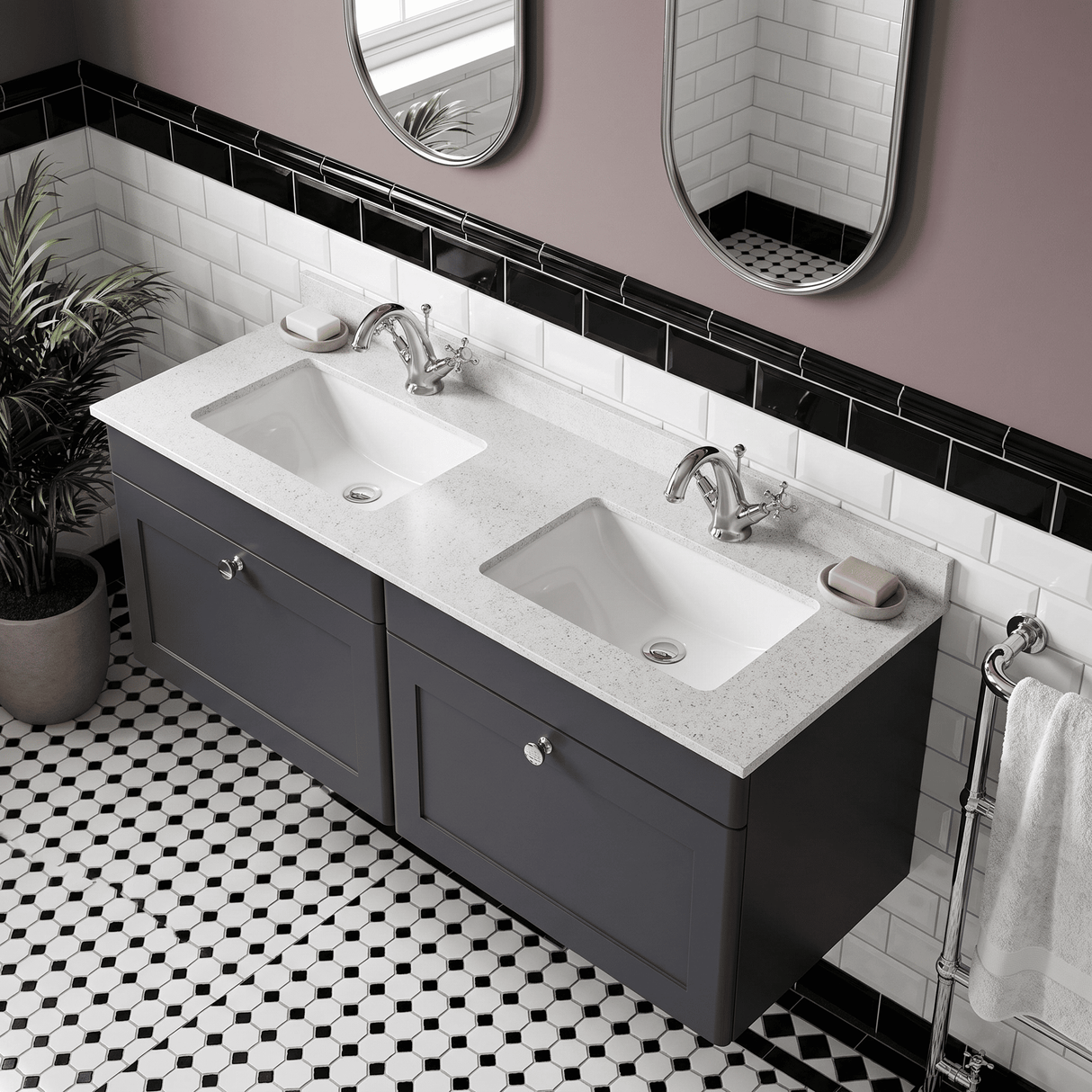 [BFCL1494WS2] Swynnerton Traditional 2 Drawer Wall Hung Vanity Basin Unit with Double 1 Tap Hole White Marble Worktop and Square Basin, 1200mm, Choice of Colour