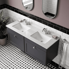 [BFCL1494WS2] Swynnerton Traditional 2 Drawer Wall Hung Vanity Basin Unit with Double 1 Tap Hole White Marble Worktop and Square Basin, 1200mm, Choice of Colour