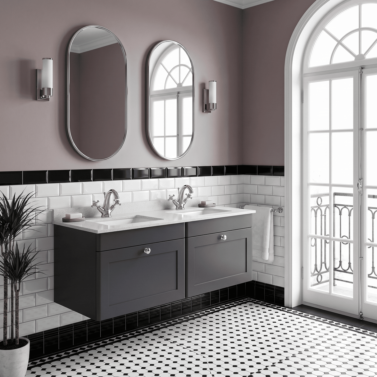[BFCL1494WS2] Swynnerton Traditional 2 Drawer Wall Hung Vanity Basin Unit with Double 1 Tap Hole White Marble Worktop and Square Basin, 1200mm, Choice of Colour